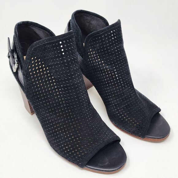 Sam Edelman Bootie Women 9M Easton Black Suede Perforated Stacked Heel Peep Toe - Picture 3 of 10